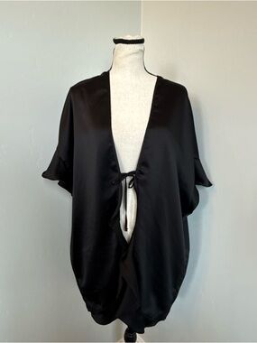 Victoria's Secret Black Love Logo ONE SIZE Satin Flounce Kimono Robe VS
